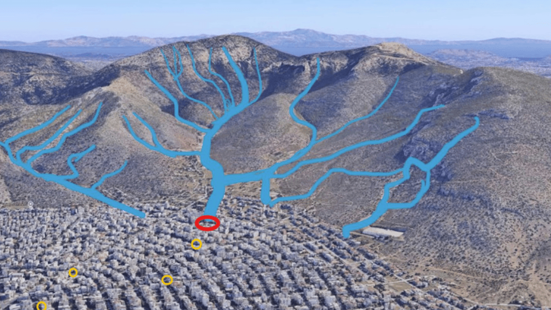 Runoff corridors flowing from the hills into the city